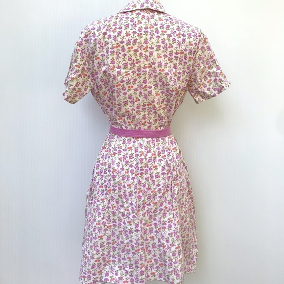Vintage 60’s pink & purple floral cotton button down belted shirt dress - Picture 8 of 12